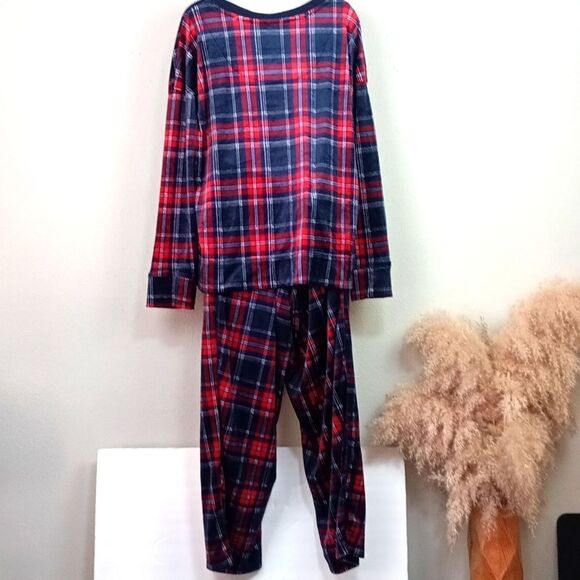 Nautica women's blue/red plaid plush V neck long-sleeve  2 Piece pajamas set XL - Picture 8 of 11